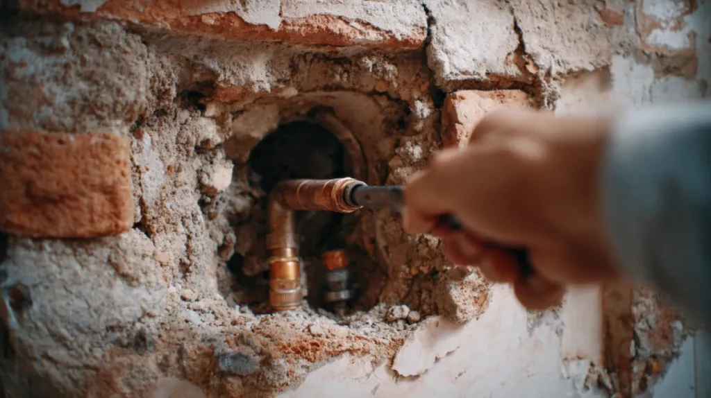 Tuberías empotradas en un tabique de ladrillo parcialmente picado