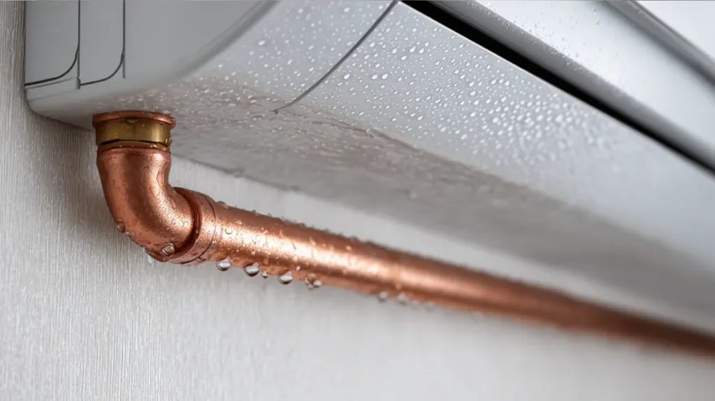 Tubería de cobre sin aislamiento térmico saliendo de una unidad interior de aire acondicionado