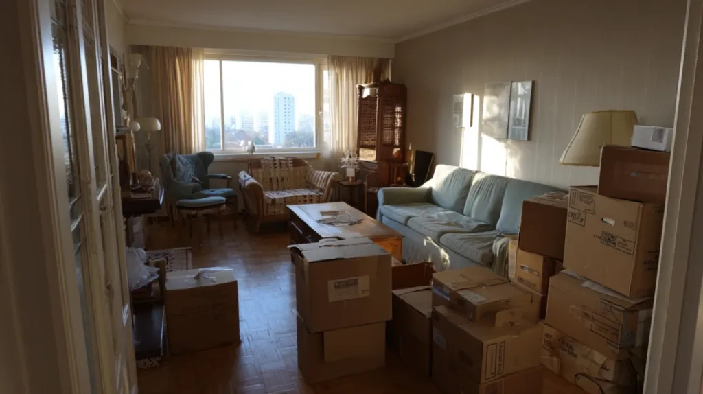 Salón de un piso lleno de cajas de mudanza apiladas junto a muebles desmontados