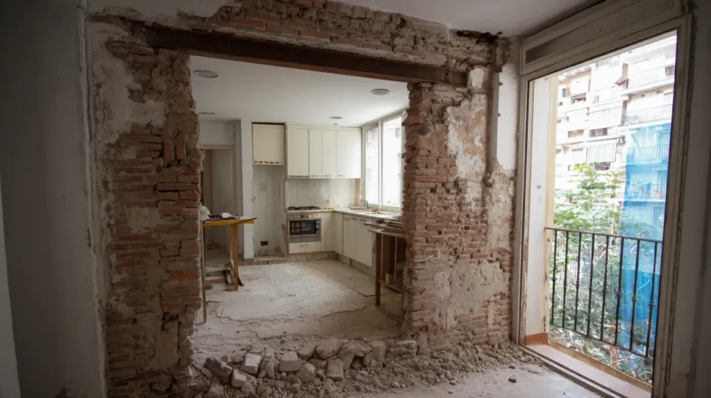 Cocina abierta al salón tras derribar un tabique divisorio en un piso español