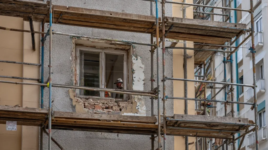 Andamio montado en fachada de edificio para sustitución de ventanas
