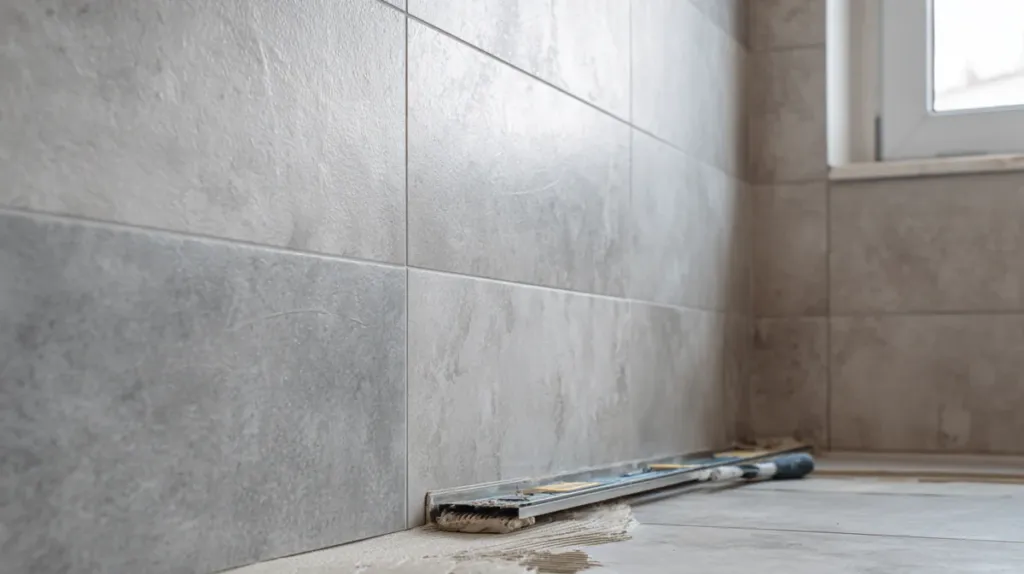Pared de baño con azulejo rectificado de gran formato recién colocado