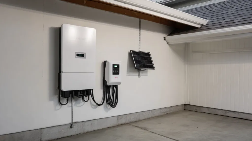 Batería de litio doméstica montada en pared junto al inversor solar