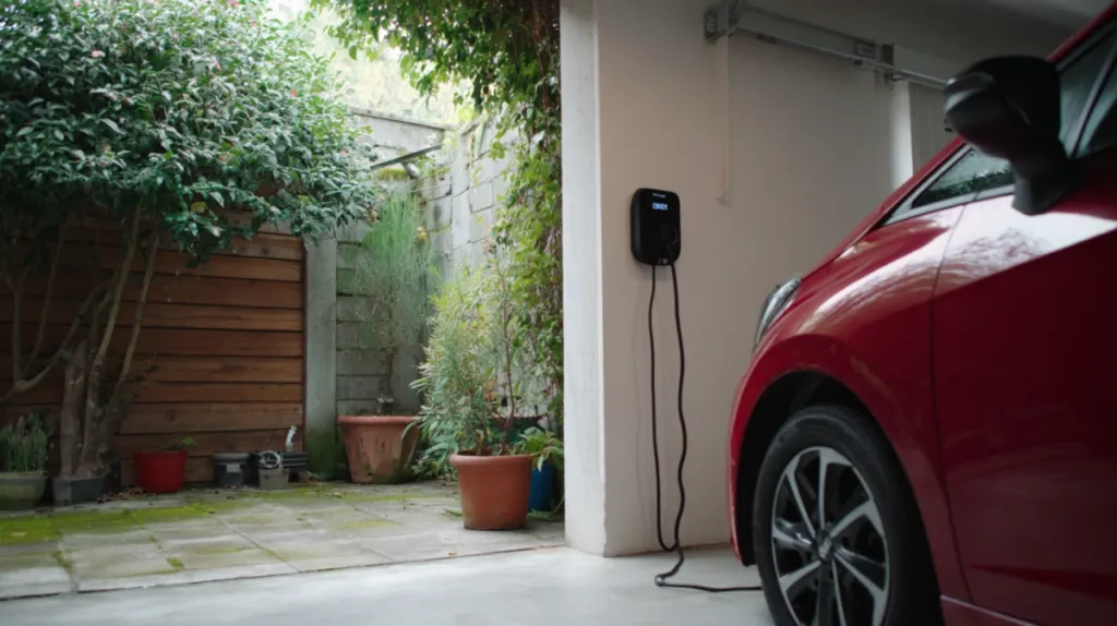 Coche eléctrico cargando en garaje de vivienda unifamiliar española