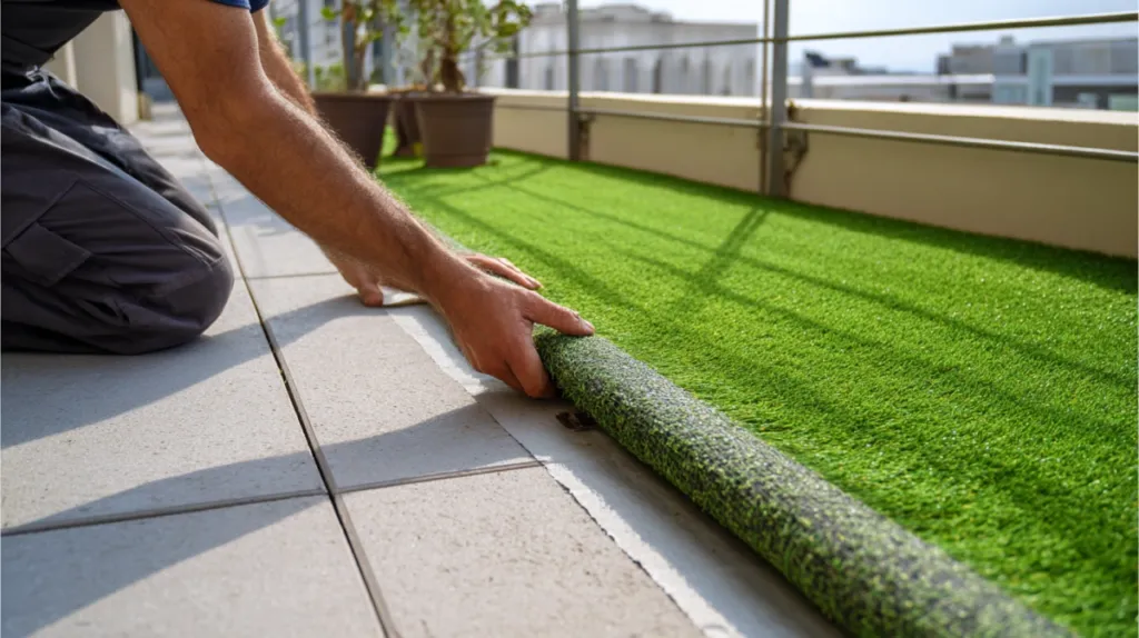 Césped artificial colocado sobre una terraza de baldosa