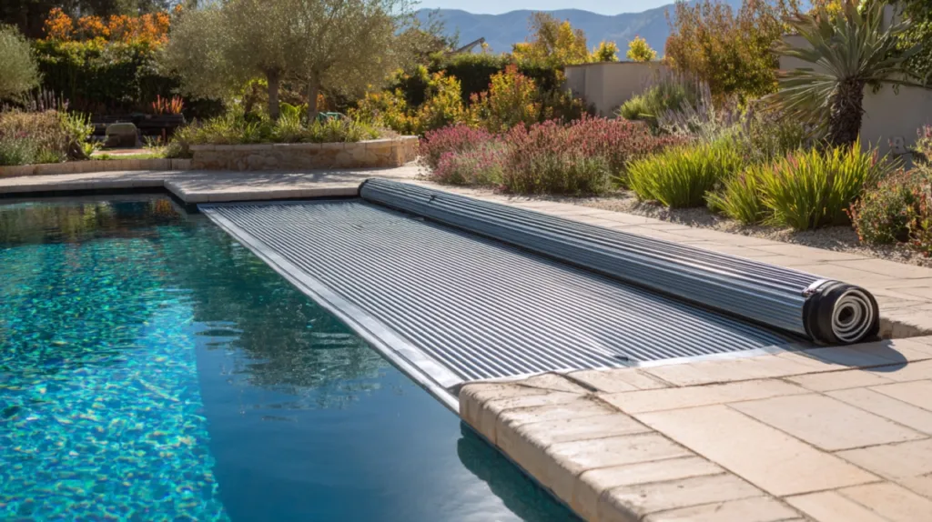 Cobertor de lamas enrollable sobre una piscina residencial