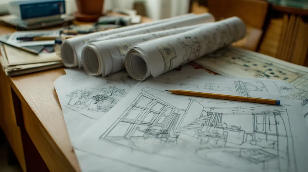 Planos técnicos de interiorismo junto a bocetos decorativos sobre una mesa