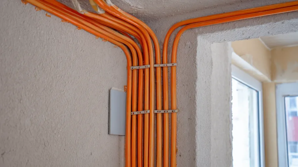 Instalación eléctrica nueva con cableado visto en pared de obra