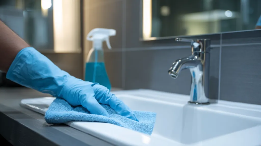 Limpieza y desinfección de un baño de oficina con guantes y productos profesionales