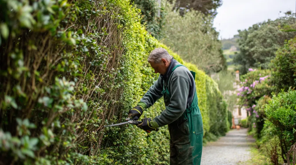 Jardinero podando un seto en un jardín ya establecido