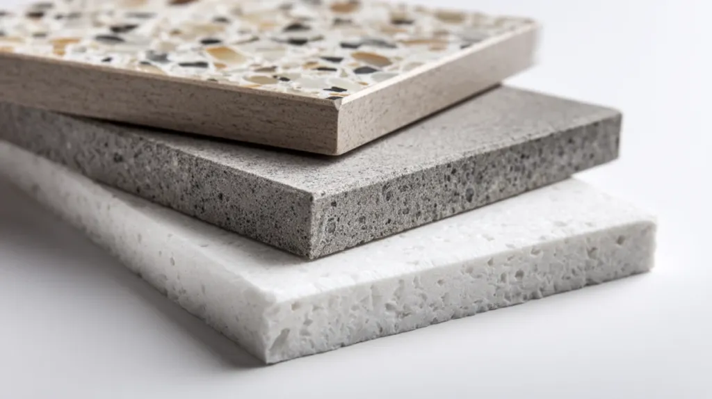 Muestras de encimera de laminado, cuarzo compacto y porcelánico sobre una superficie neutra