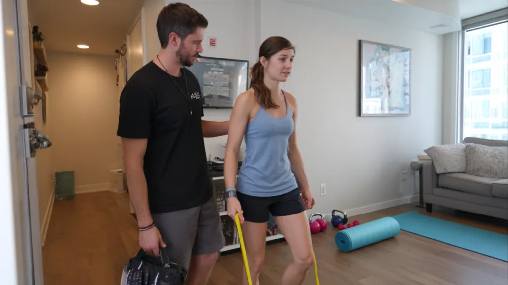 Sesión de entrenamiento personal a domicilio con bandas elásticas en un salón