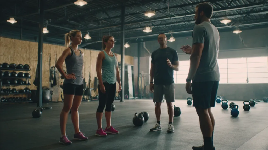Grupo reducido de cuatro personas entrenando con un entrenador personal en gimnasio