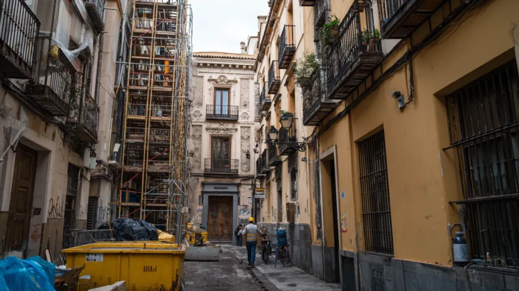 Fachada de edificio antiguo con andamio y contenedor de escombros en calle estrecha