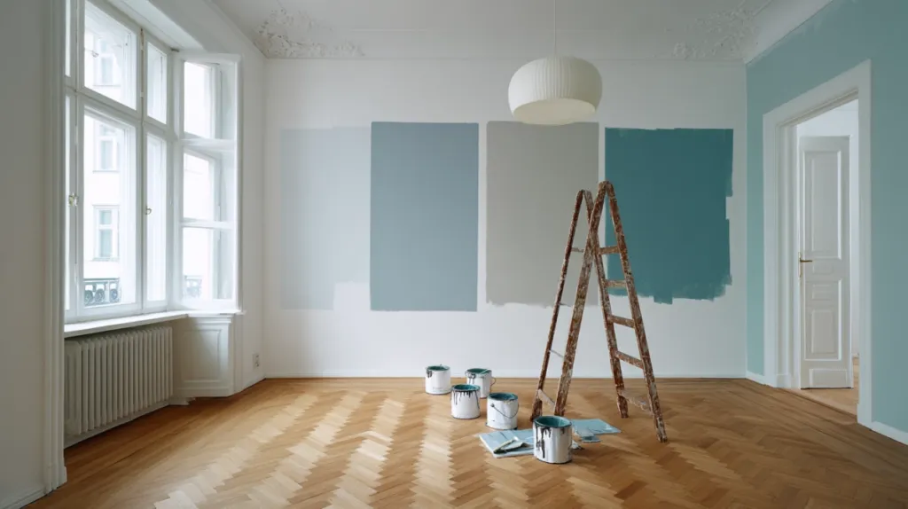 Salón de un piso en proceso de decoración con muestras de pintura en la pared