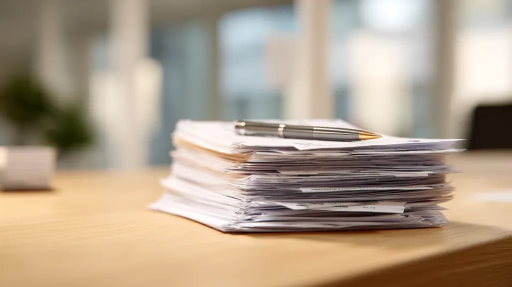 Pila de facturas impresas sobre un escritorio de oficina