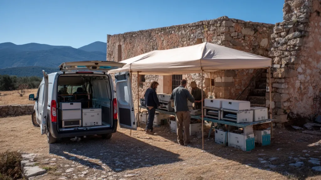 Equipo de catering montando infraestructura en una finca rural sin cocina propia