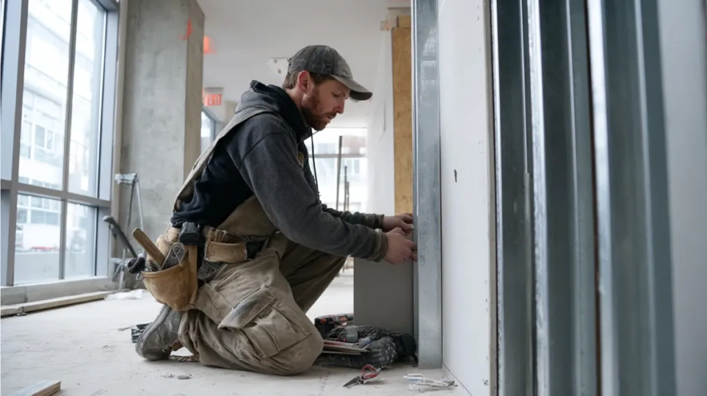 Instalador ajustando el marco de una puerta blindada en el hueco del muro
