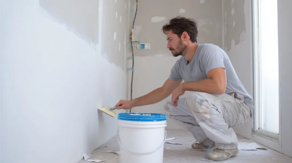 Instalador autónomo de pladur trabajando solo en un tabique dentro de una vivienda
