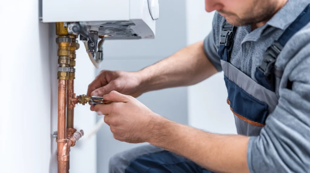 Técnico instalador conectando tuberías de una caldera de gas nueva