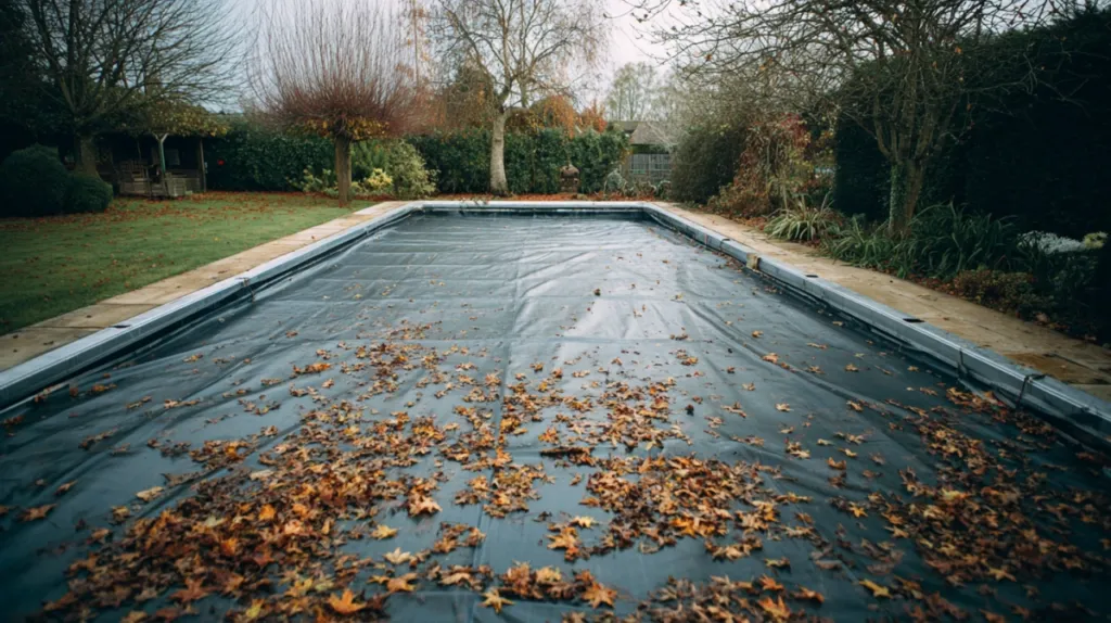Piscina cubierta con cobertor de invierno de malla tensada