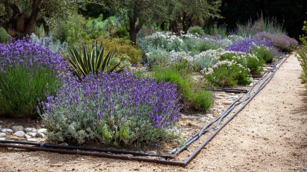 Jardín de xerojardinería con plantas autóctonas y riego por goteo en clima mediterráneo