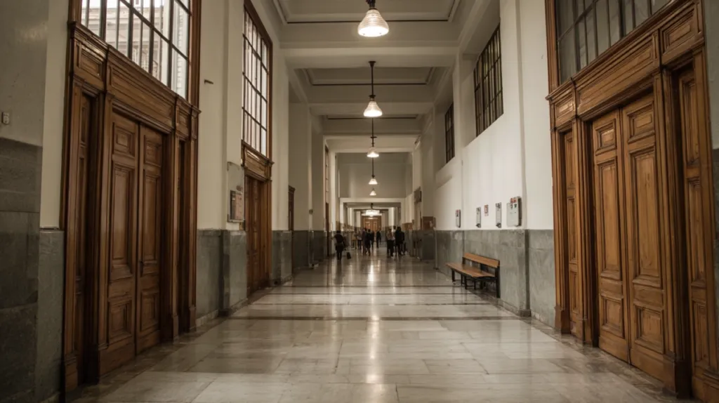 Pasillo de un juzgado español con puertas de sala de vistas