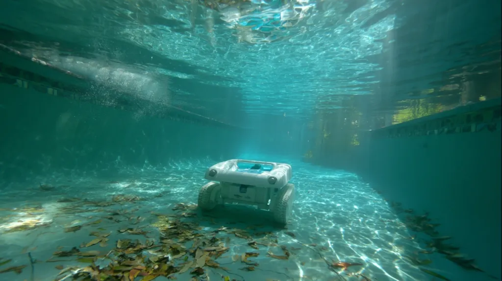 Robot limpiafondos trabajando en el fondo de una piscina tras la apertura primaveral