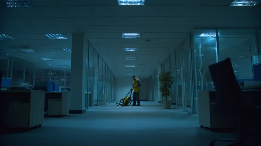 Limpiadora trabajando en una oficina vacía por la noche con luces artificiales