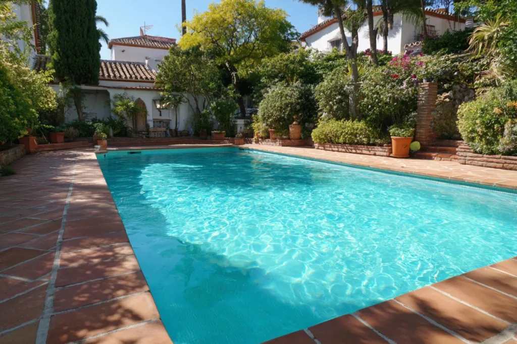 Piscina privada con agua cristalina en un jardín residencial español