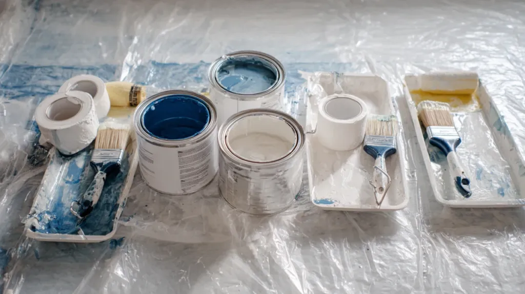 Botes de pintura, rodillos, cinta de carrocero y cubeta preparados para pintar