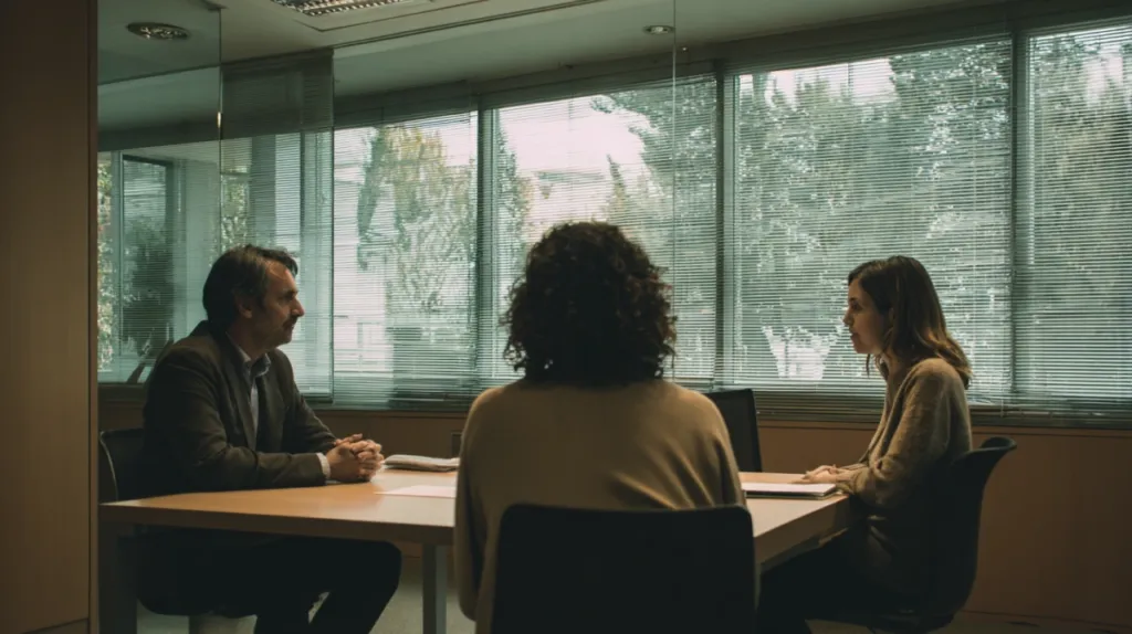 Sesión de mediación civil entre dos partes con un mediador profesional