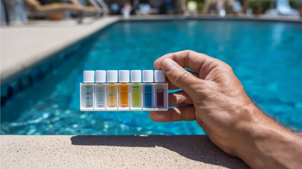 Kit de medición de cloro y pH junto al borde de una piscina en verano
