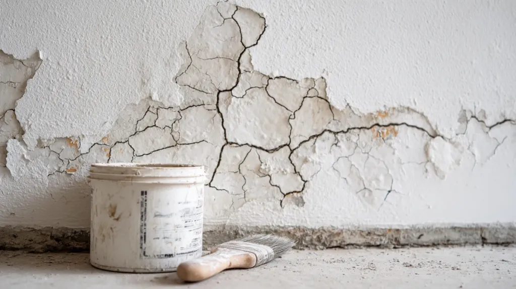 Pared interior con grietas y desconchones antes de ser pintada