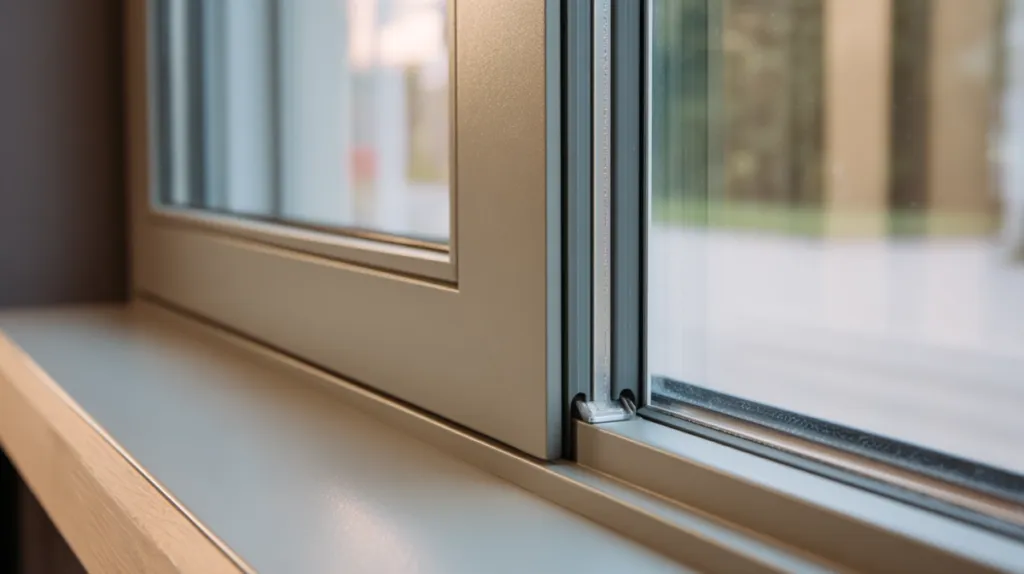 Detalle de perfiles de aluminio y cristal en una ventana corredera