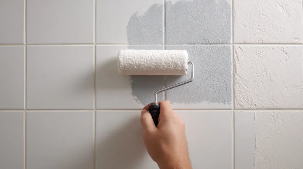 Azulejos de baño pintados en tono claro con rodillo pequeño