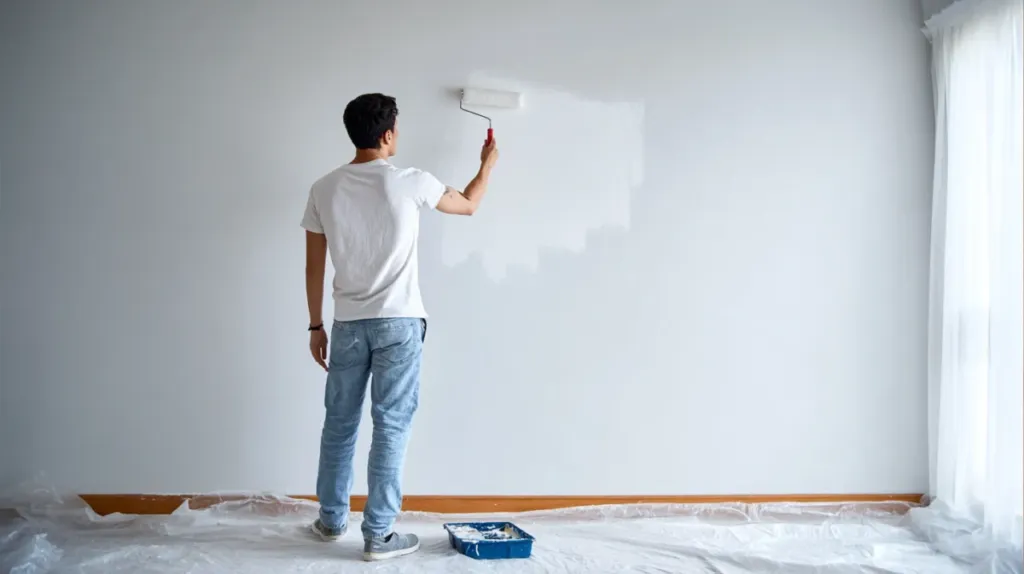 Persona sin experiencia pintando una pared con rodillo en un piso vacío