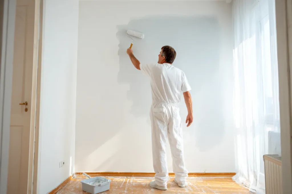 Pintor profesional aplicando pintura en la pared de un piso