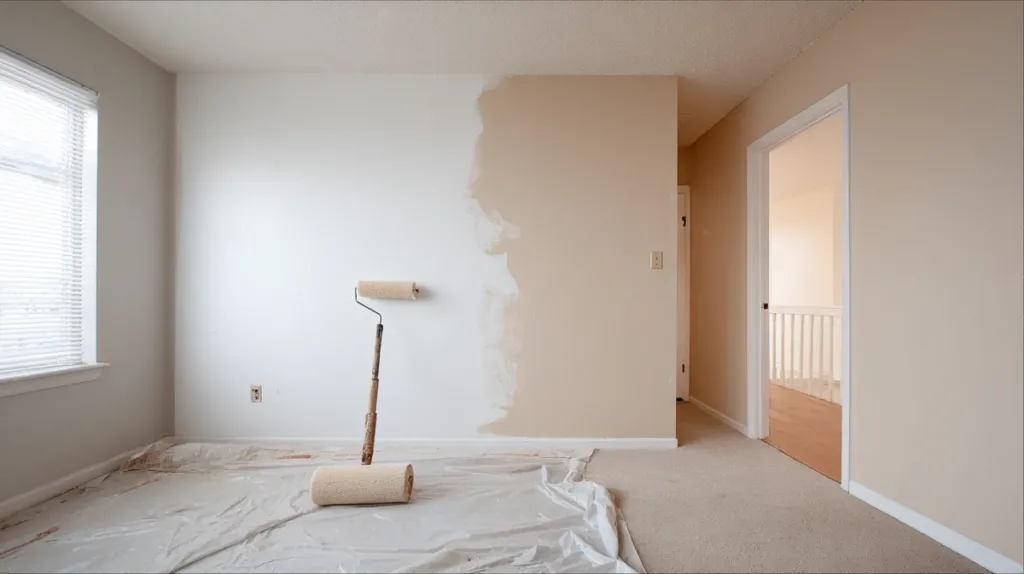 Habitación de un piso a medio pintar con rodillo y bandeja de pintura