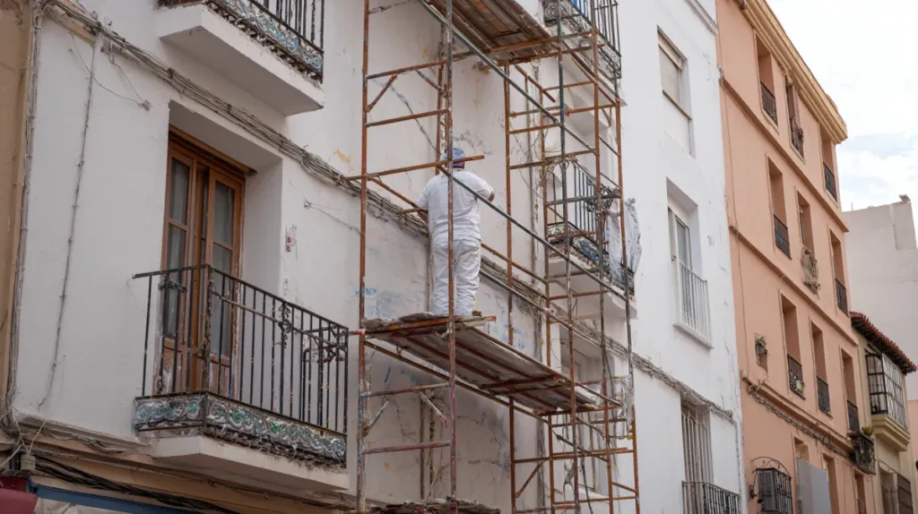Fachada de edificio con andamio durante trabajos de pintura exterior