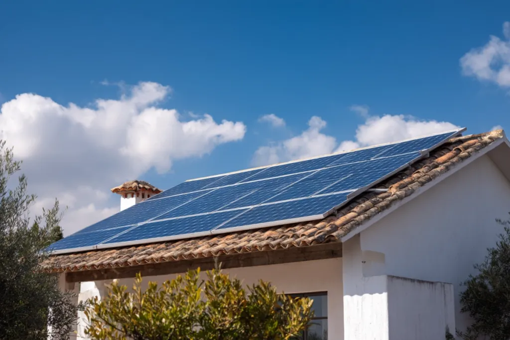 Placas solares instaladas en el tejado de una vivienda unifamiliar