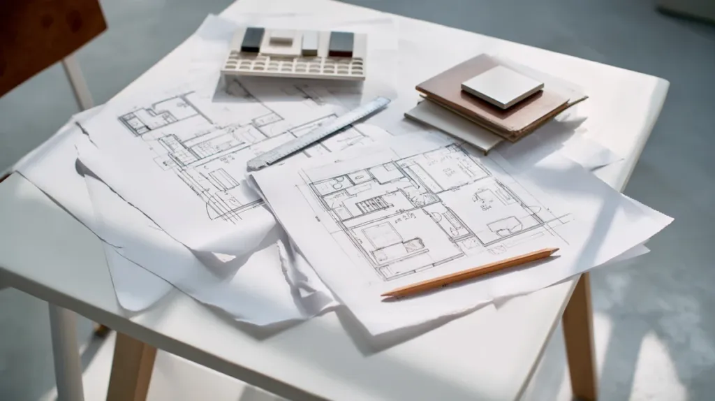Planos de reforma extendidos sobre una mesa junto a muestras de materiales