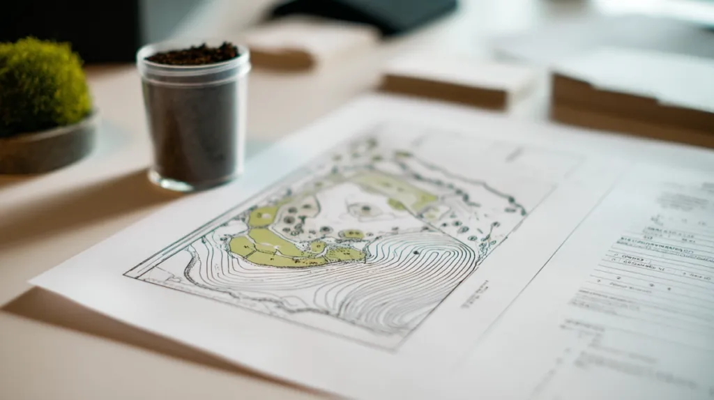 Planos acotados de un proyecto de paisajismo con esquema de riego y selección de especies