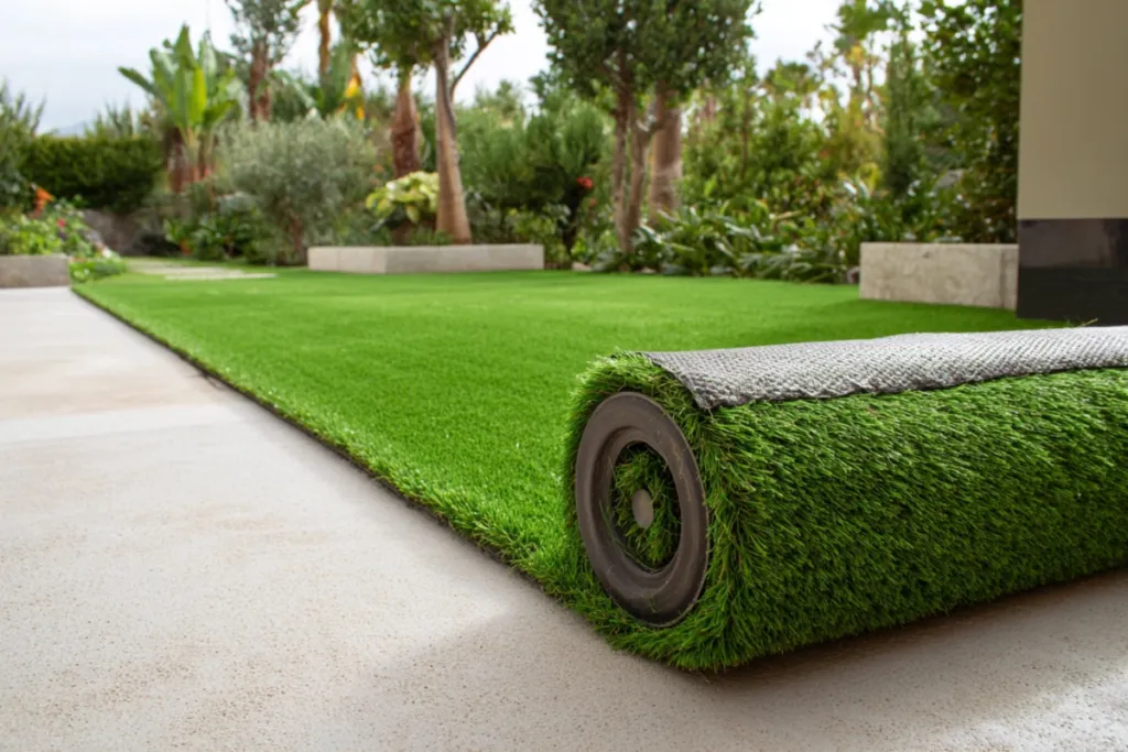 Césped artificial recién instalado en un jardín residencial
