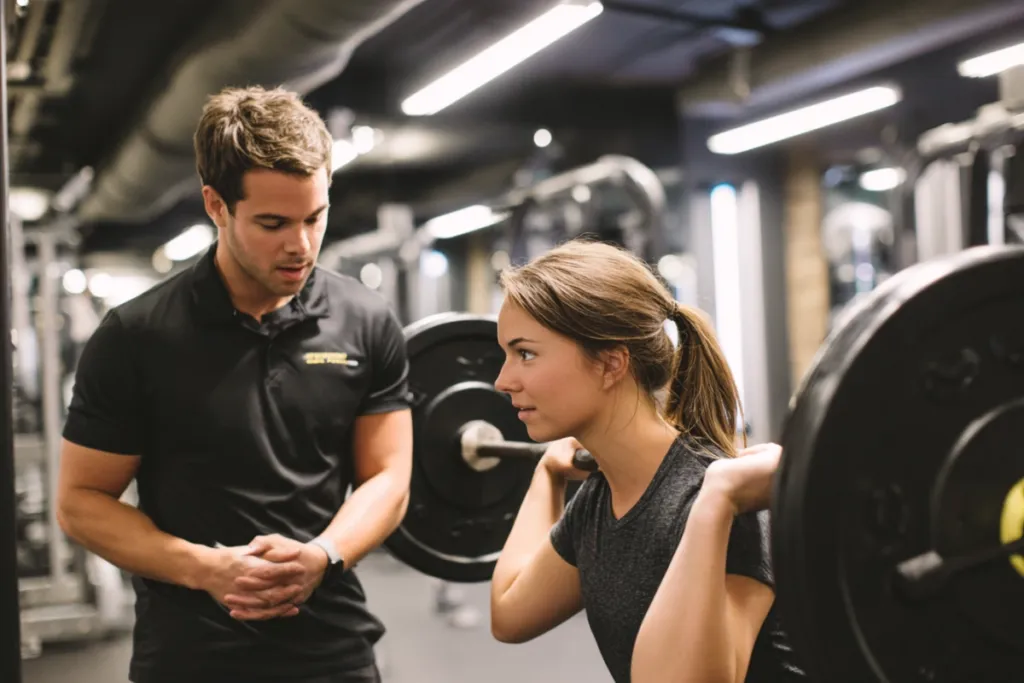Entrenador personal supervisando un ejercicio en un gimnasio