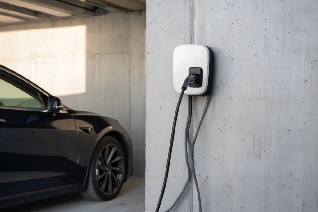 Wallbox instalado en pared de garaje junto a coche eléctrico enchufado