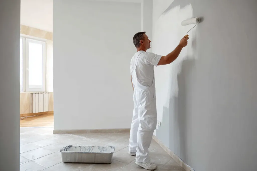 Pintor profesional aplicando pintura blanca con rodillo en la pared de un salón