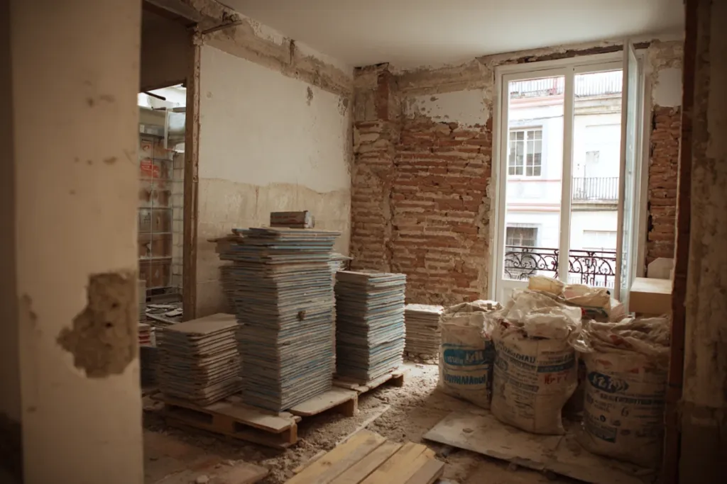 Piso en proceso de reforma integral con paredes abiertas y materiales de obra