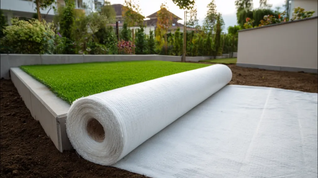 Preparación de terreno con malla geotextil antes de instalar césped artificial