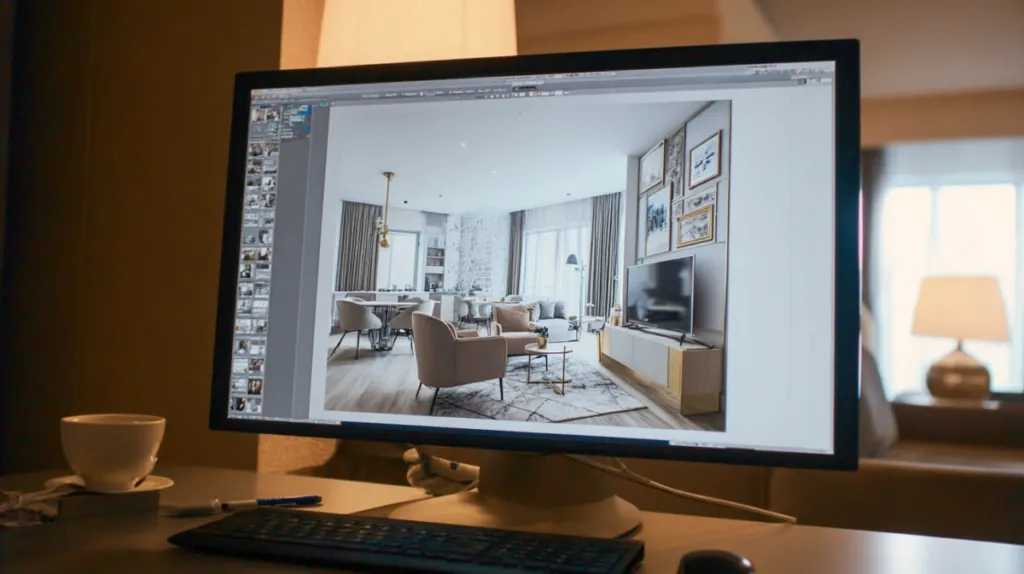 Render 3D de un proyecto de decoración de vivienda completa en pantalla de ordenador